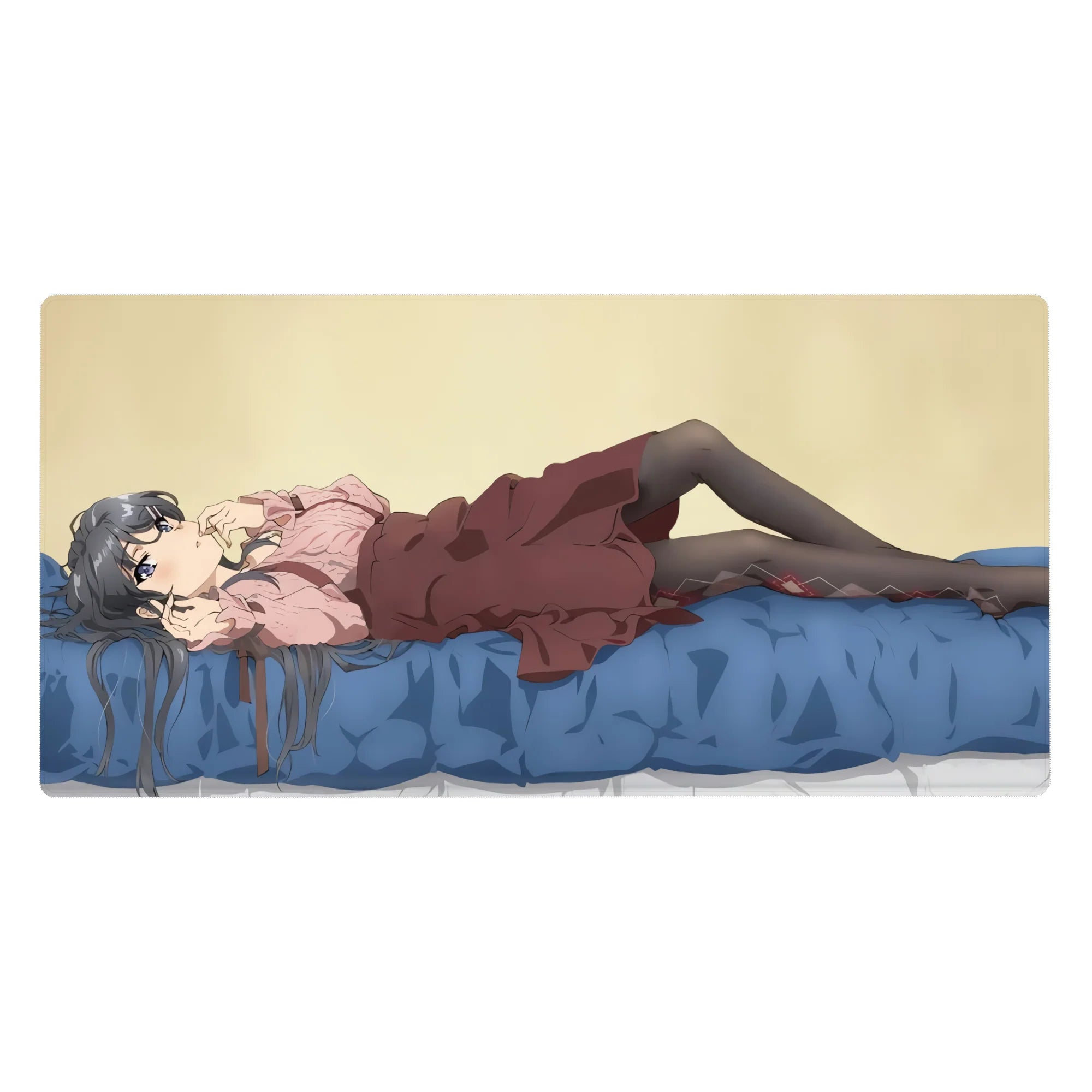 Anime girl desk pad 40x20 inches with silver-haired anime girl on rumpled blue bed, cute style.