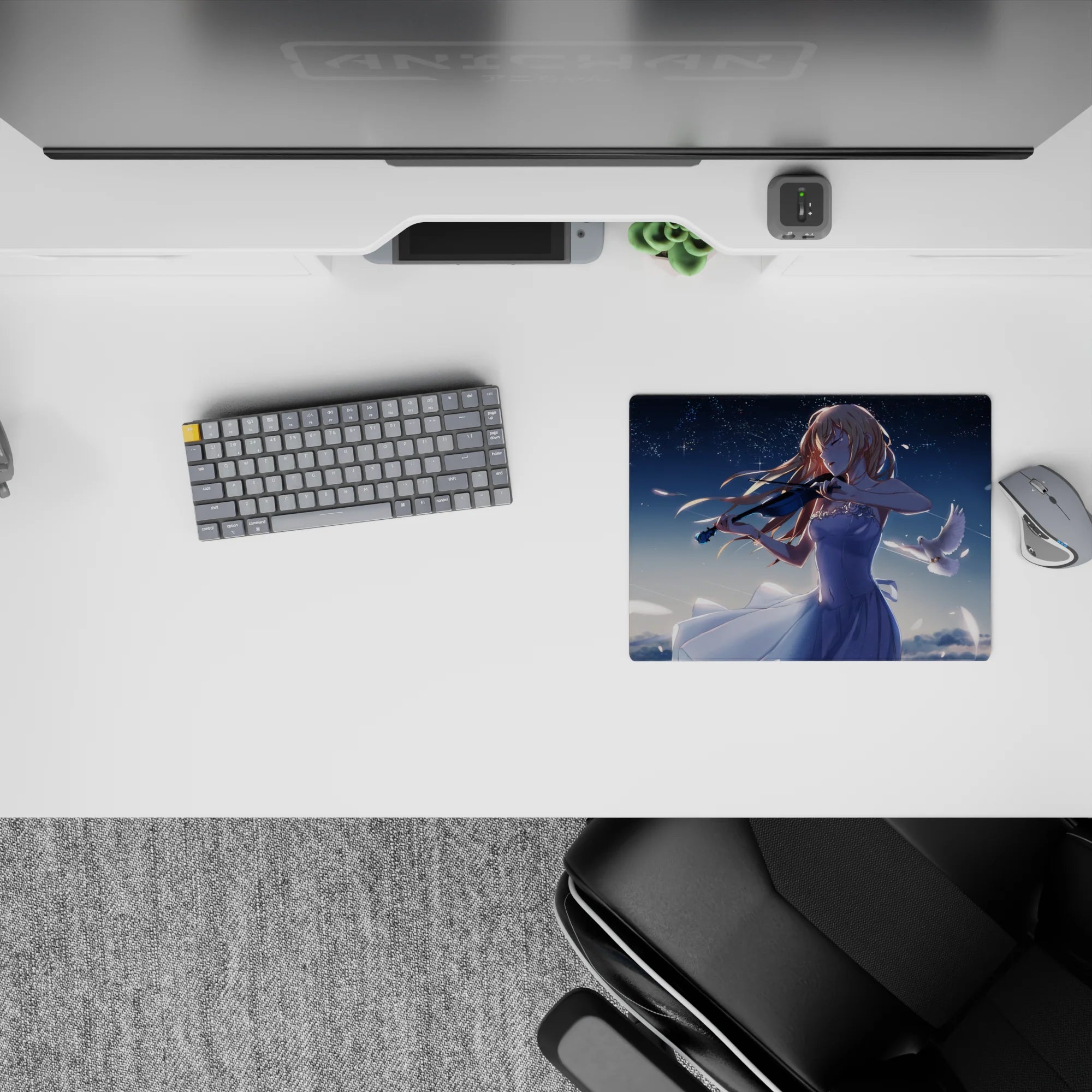 Navy, pale blue, moonlit anime mouse pad 14x10 inches with calm magical vibe and soft petals.