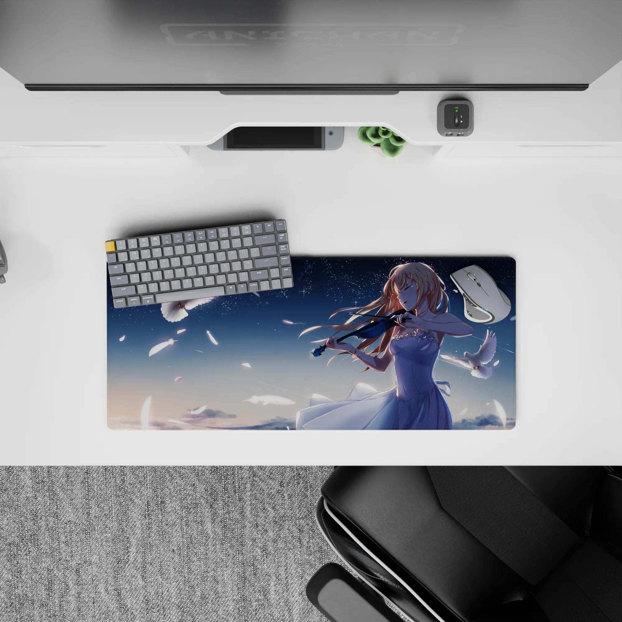 Navy and pale blue moonlit anime mouse pad 28x12 inches, calm magical vibe with soft highlights.