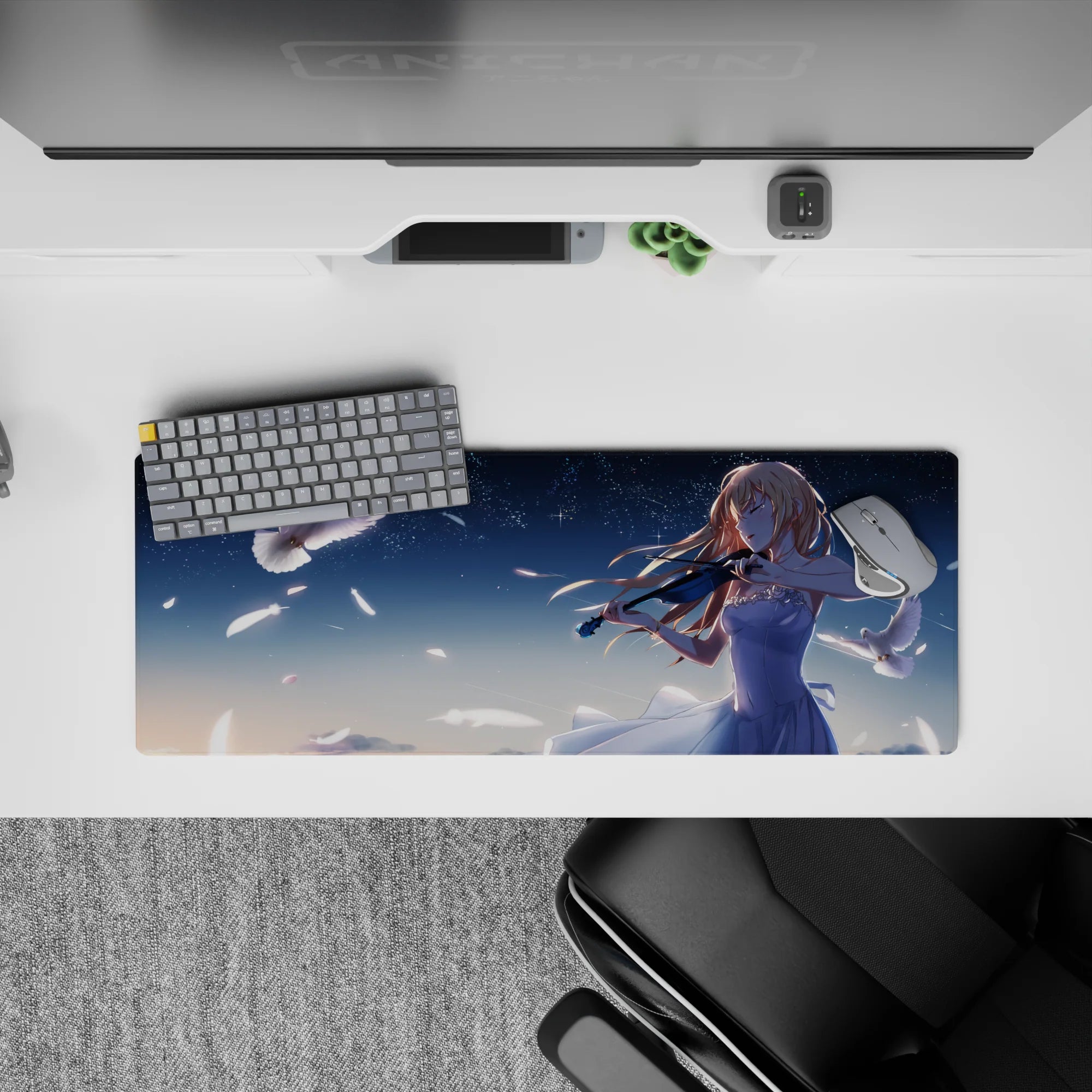 Navy and pale blue moonlit anime mouse pad 32x12 inches, calm magical vibe with soft highlights.