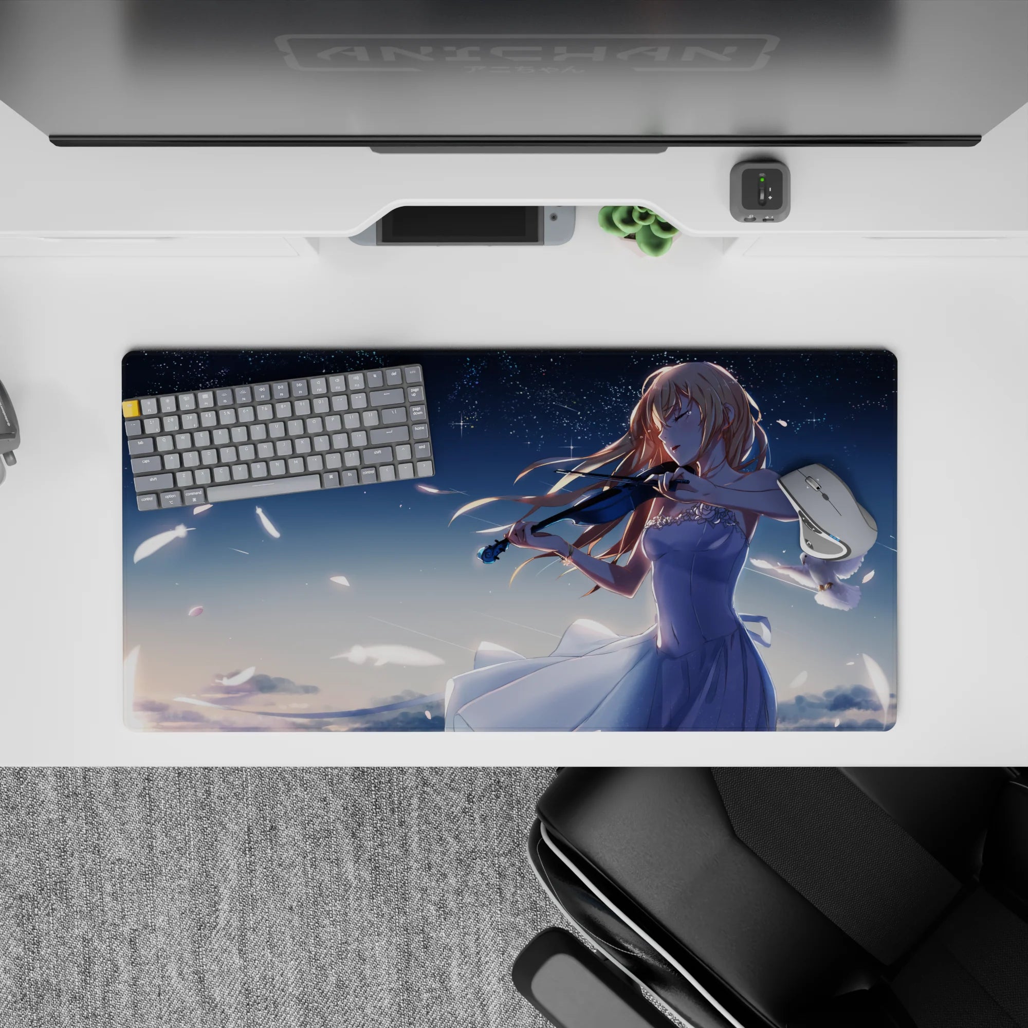 32x16 inches anime desk mouse pad in navy, pale blue, and moonlit white for a calm magical vibe.