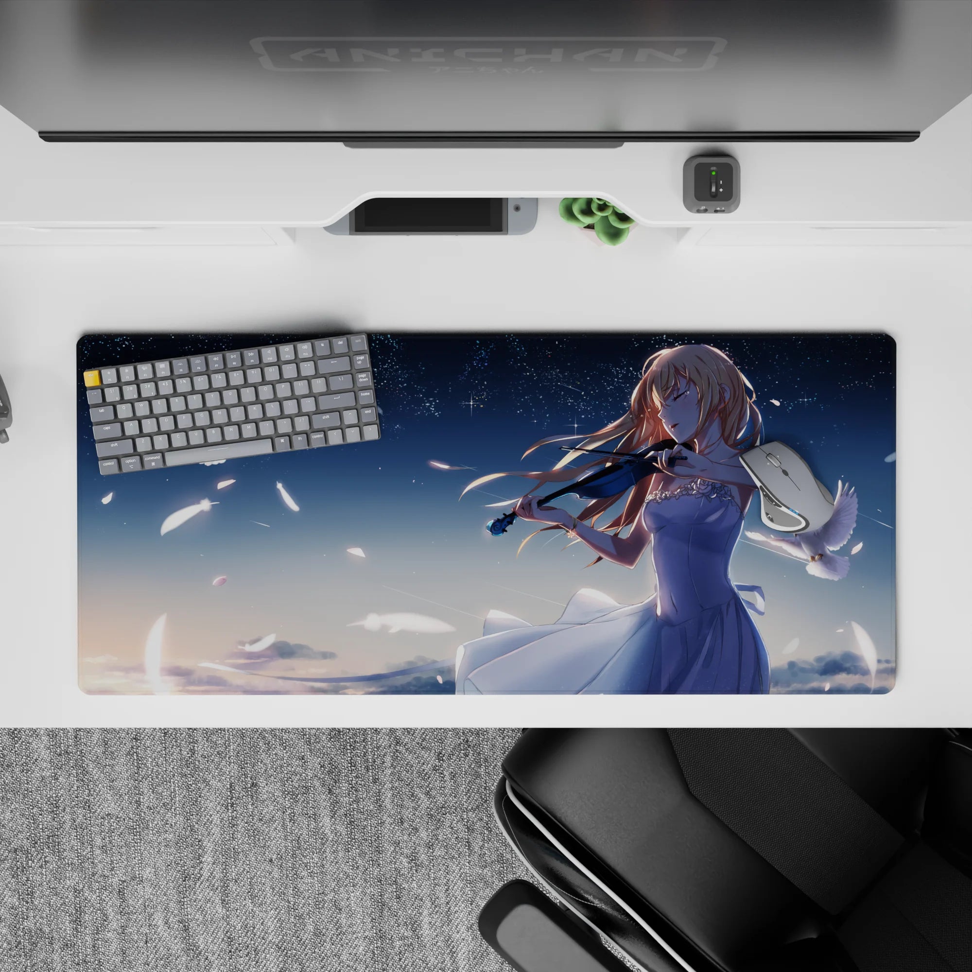 Calm navy-and-pale-blue anime desk pad 36x16 inches with moonlit glow and dreamy, magical vibe.