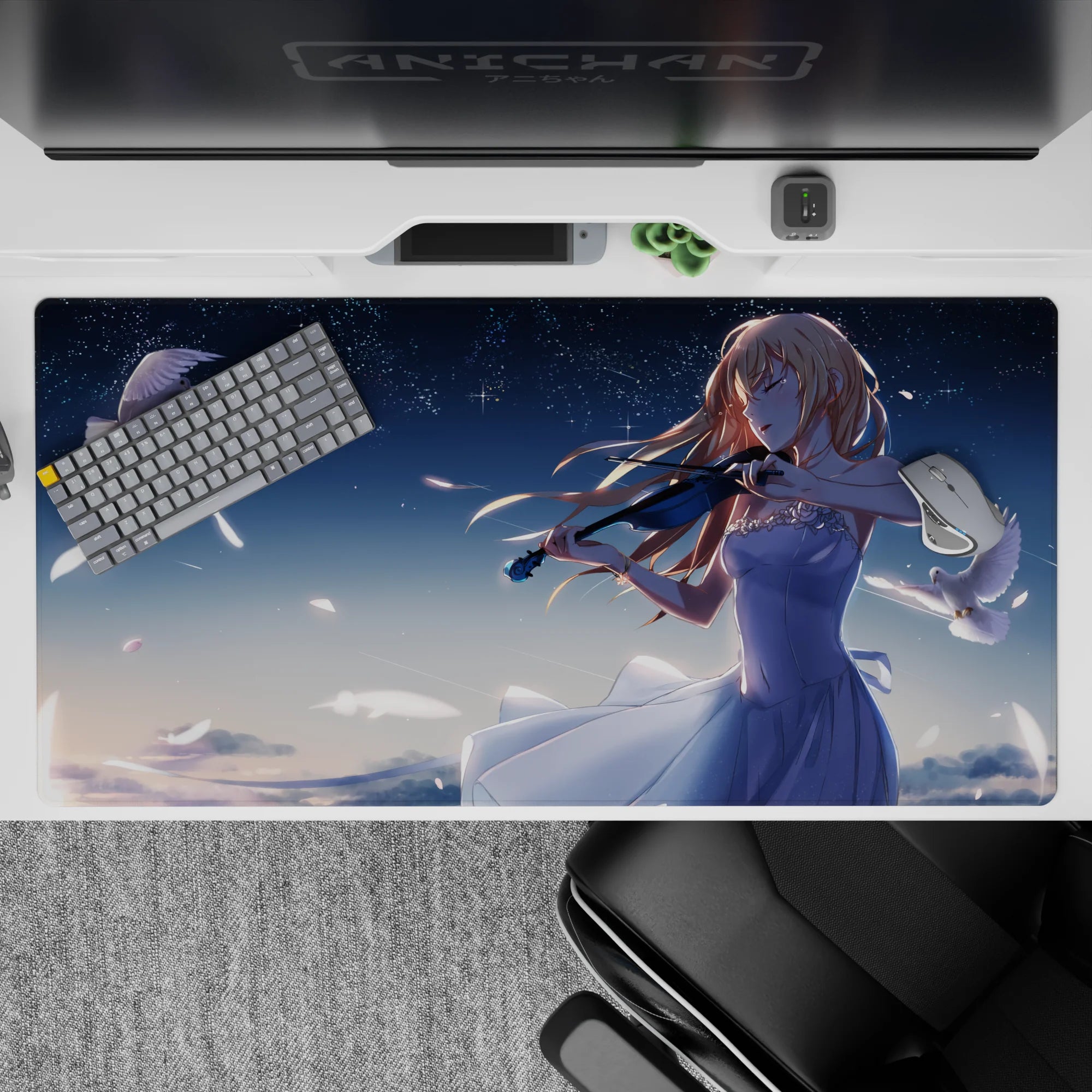 40x20 inches anime mouse pad in pale blues and navy, calm moonlit vibe with soft magical finale feel.