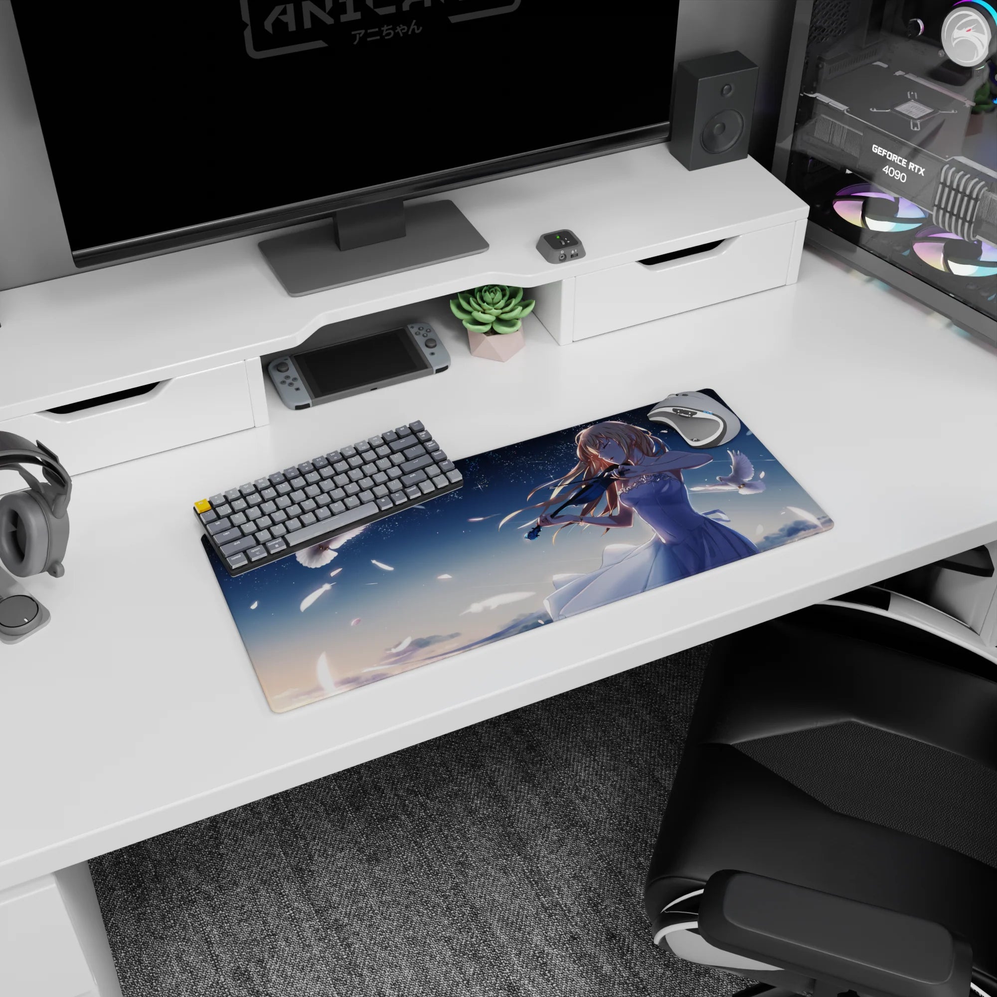 Anime violinist girl in flowing white dress under starry sky mouse pad 28x12 inches with doves.