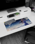 Anime violinist girl in flowing white dress under starry sky mouse pad 28x12 inches with doves.