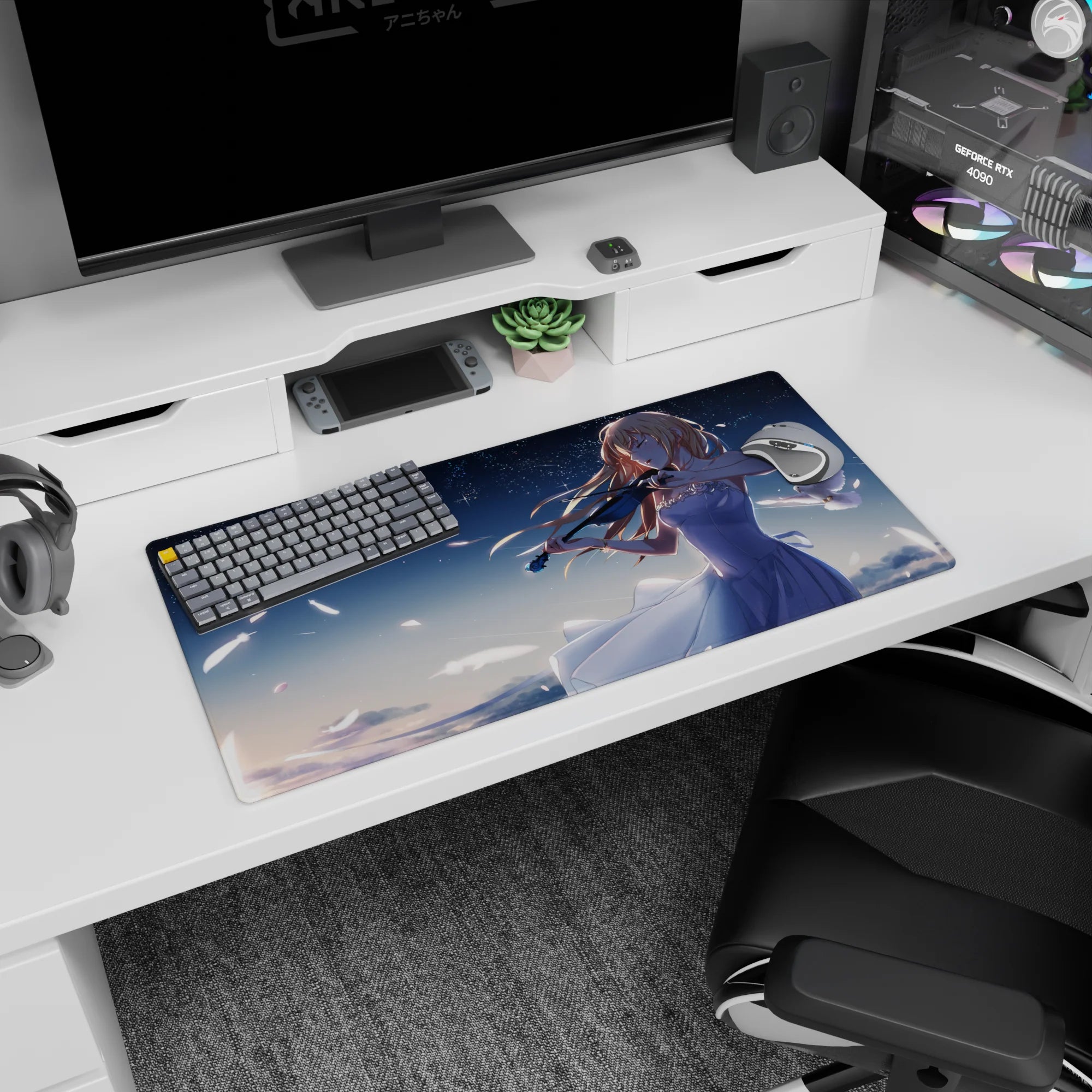 32x16 inches anime mouse pad showing a girl in a flowing white dress playing violin beneath stars.