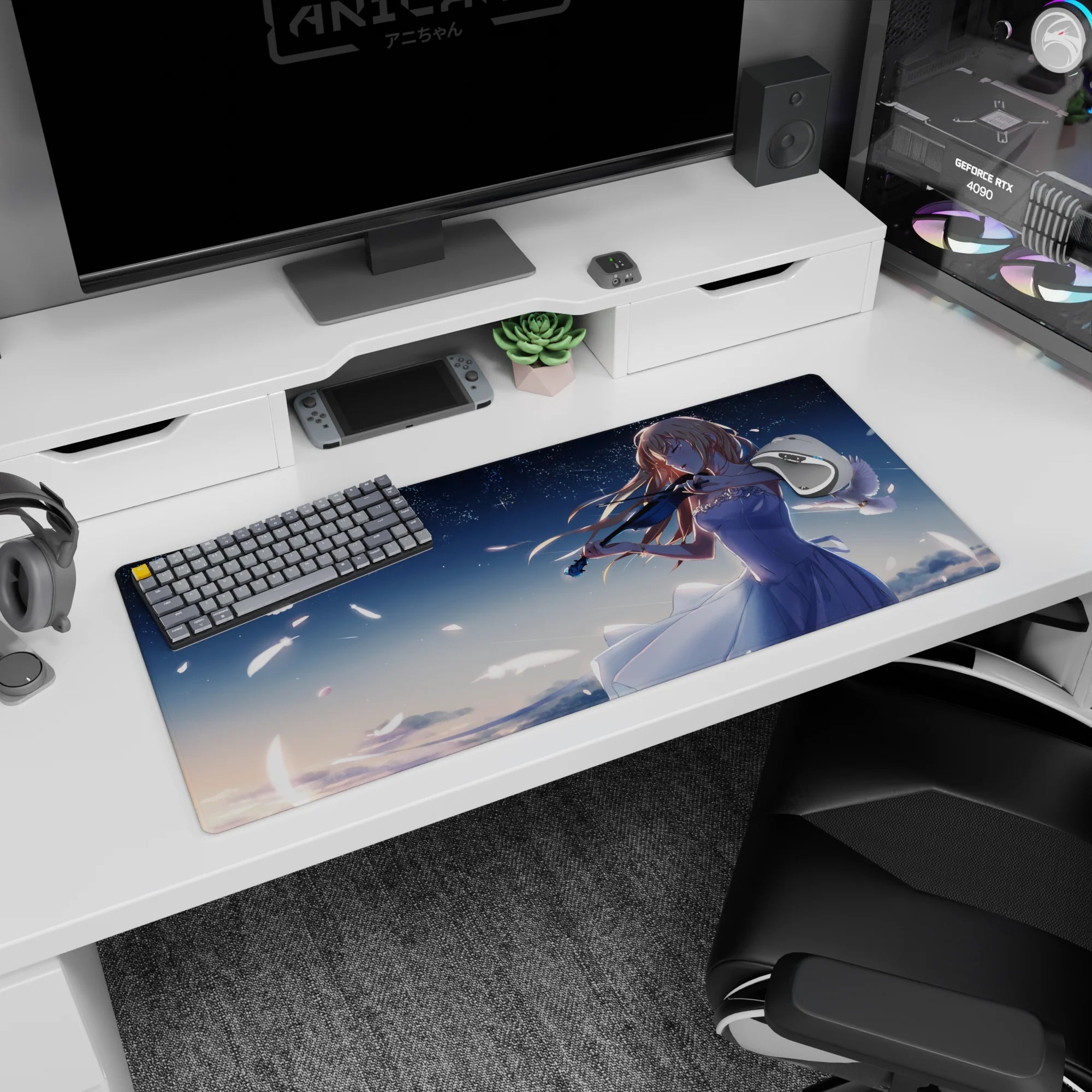 Anime violin girl in flowing white dress on desk pad 36x16 inches, playing beneath stars with doves.