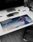Anime violin girl in flowing white dress on desk pad 36x16 inches, playing beneath stars with doves.