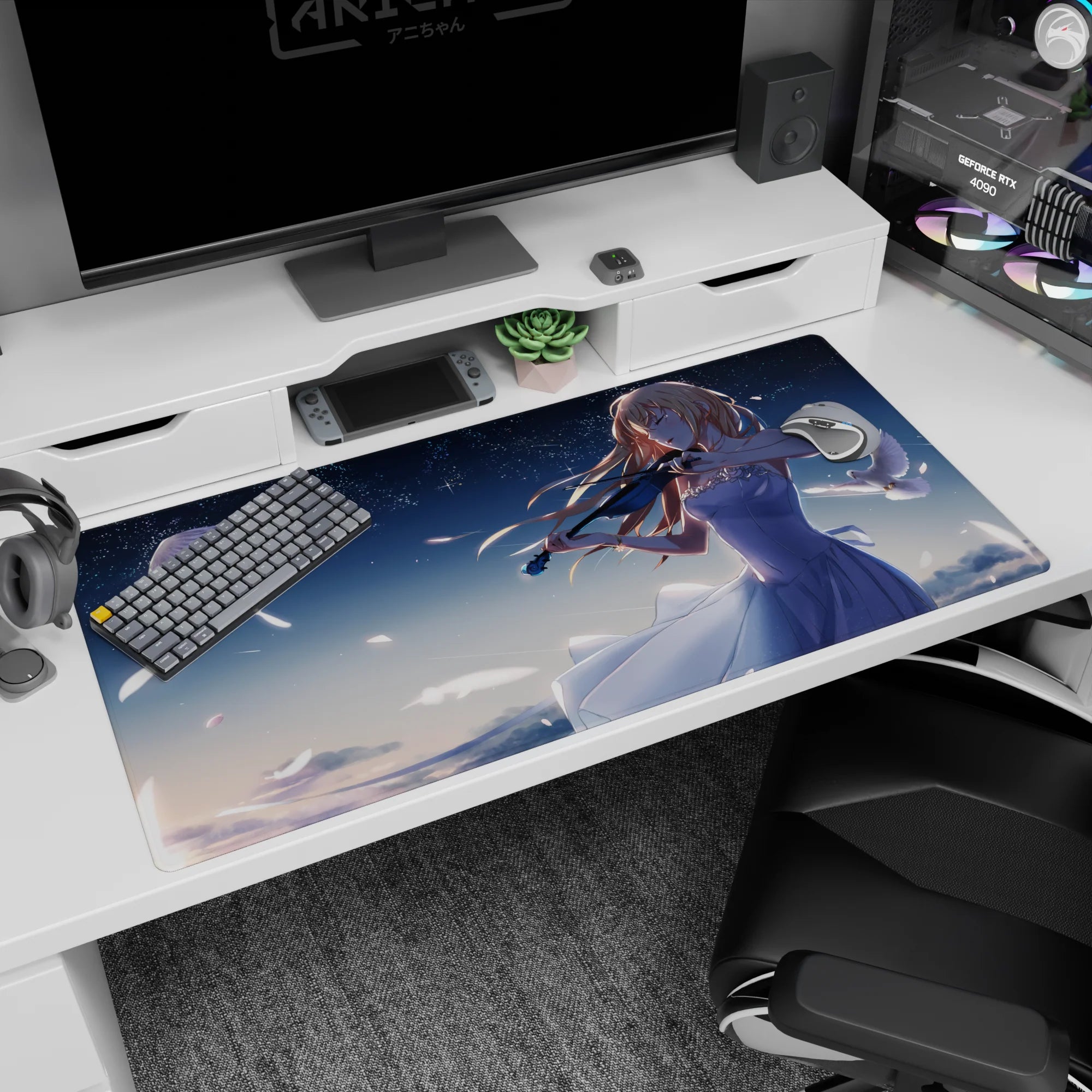 40x20 inches anime girl desk mat showing a white-dress violinist under stars, doves flying, petals drifting.
