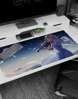 40x20 inches anime girl desk mat showing a white-dress violinist under stars, doves flying, petals drifting.