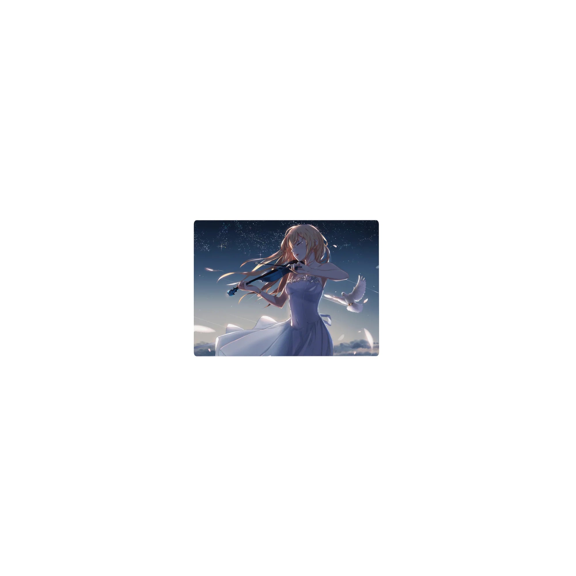 Classic anime girl violinist mouse pad 14x10 inches with doves, petals, and a starry night sky.