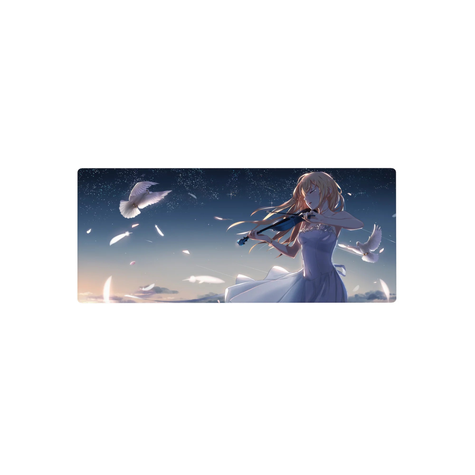 Anime girl violinist mouse pad 28x12 inches with doves, petals, and a starry night sky.
