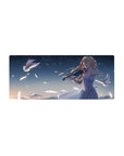 Anime girl violinist mouse pad 28x12 inches with doves, petals, and a starry night sky.