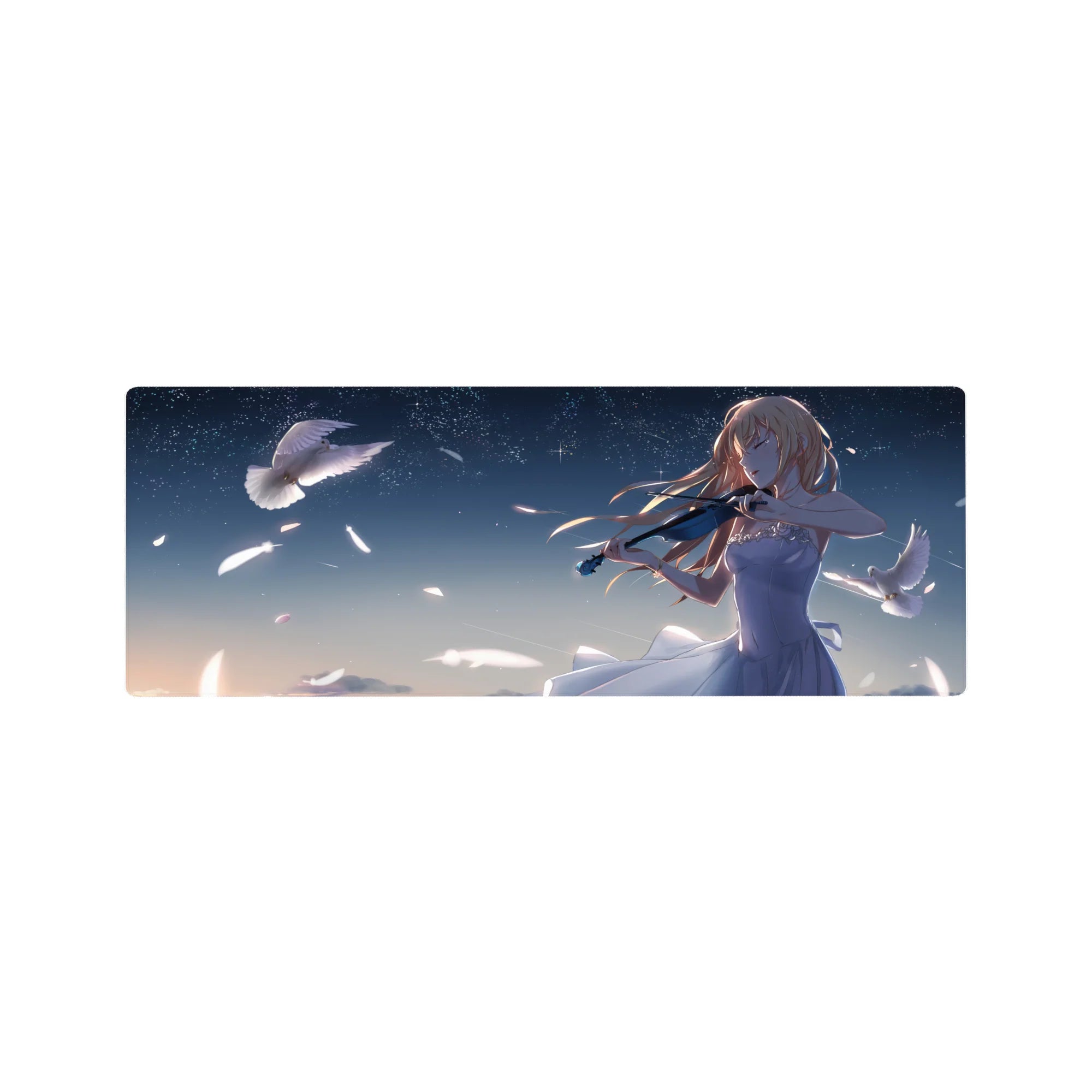 Anime girl violinist desk mouse pad 32x12 inches with doves, petals, and starry night sky.