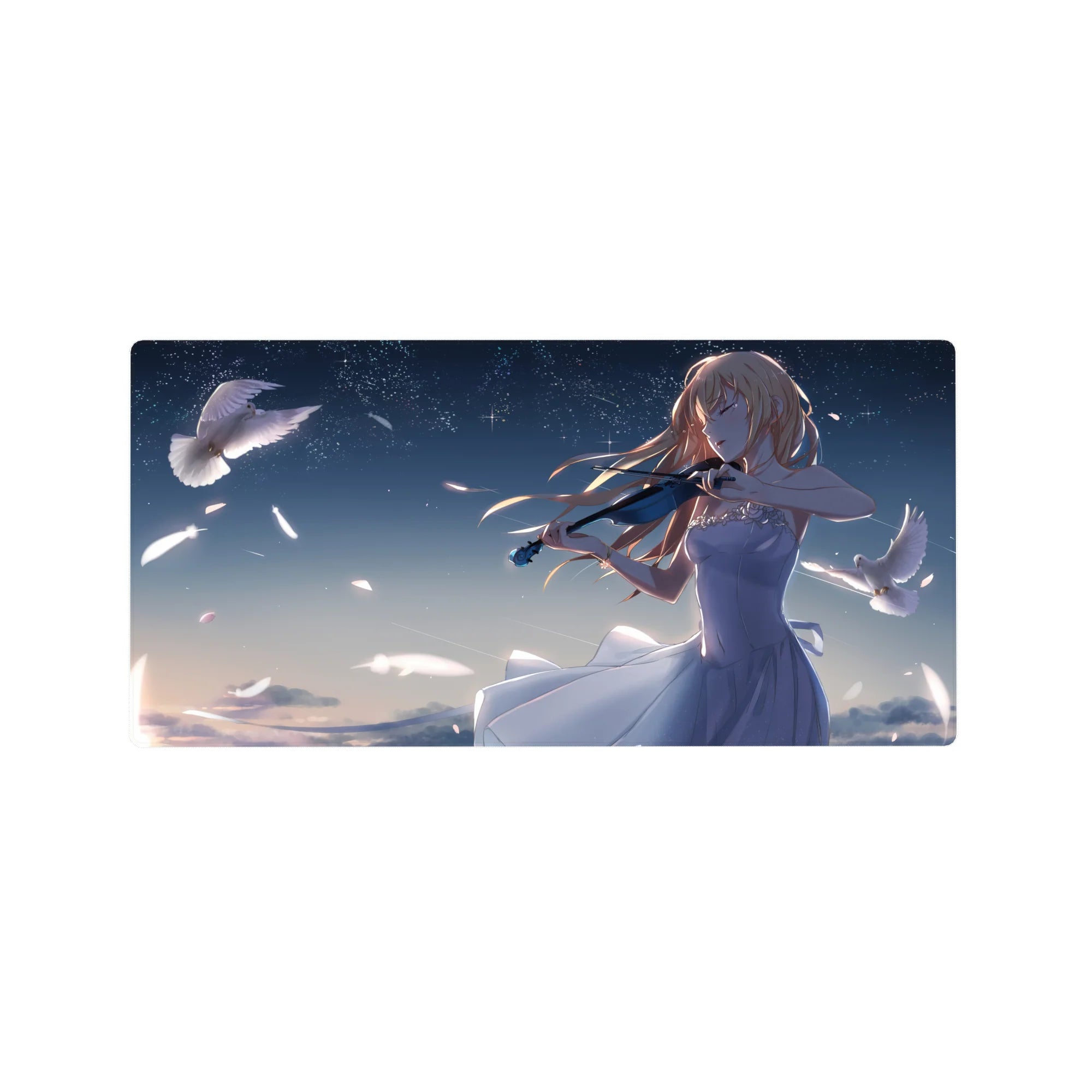 32x16 inches anime girl mouse pad with violinist under a starry night sky, doves and falling petals.