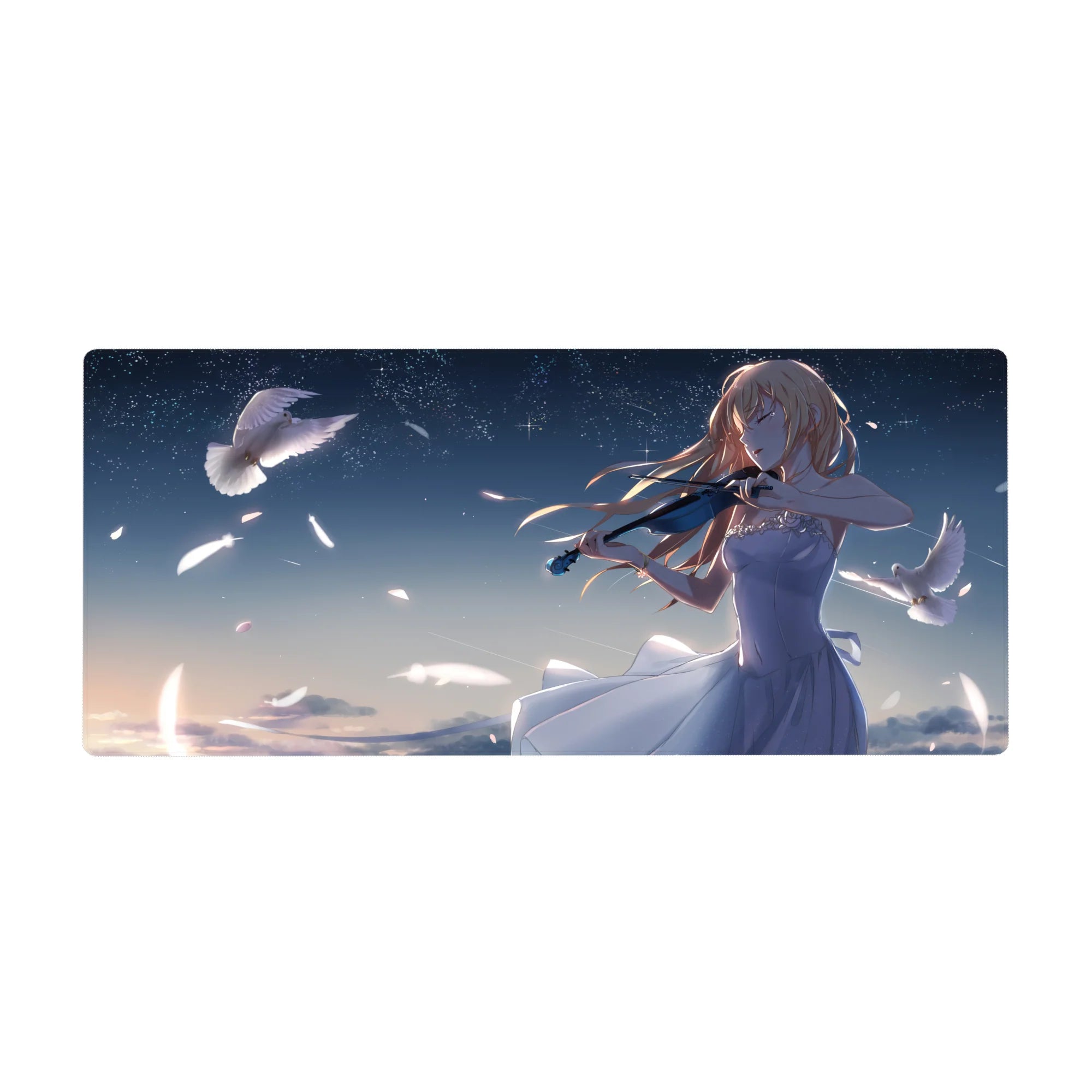 Anime girl desk pad 36x16 inches with violinist under starry night sky, doves and floating petals.