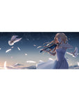 Anime girl desk pad 36x16 inches with violinist under starry night sky, doves and floating petals.