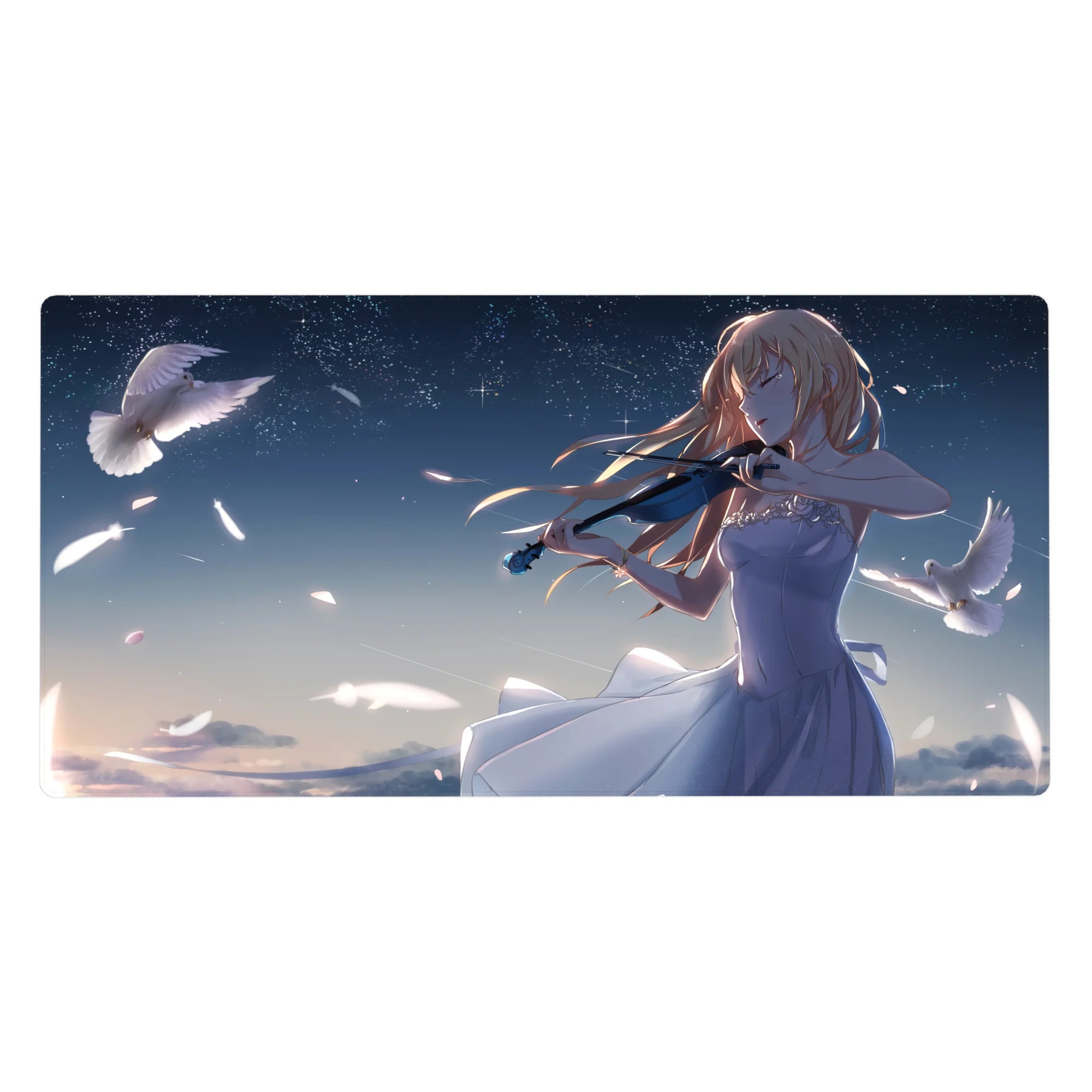 40x20 inches anime girl desk pad with violinist, doves, petals, and starry night sky artwork.
