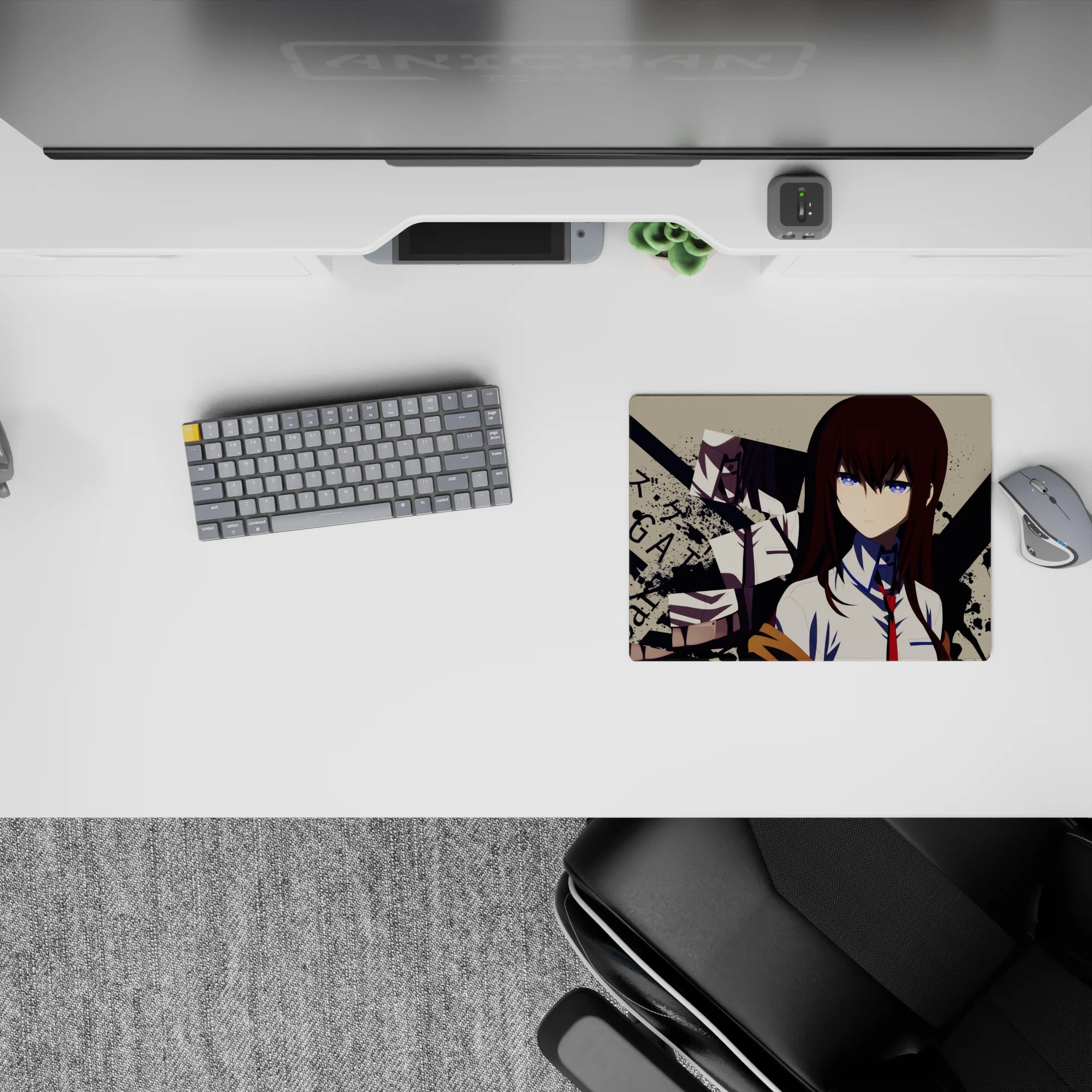 Beige and black splatter anime mouse pad 14x10 inches, cool blue eyes vibe, sharp sci-fi poster mood.
