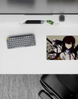Beige and black splatter anime mouse pad 14x10 inches, cool blue eyes vibe, sharp sci-fi poster mood.