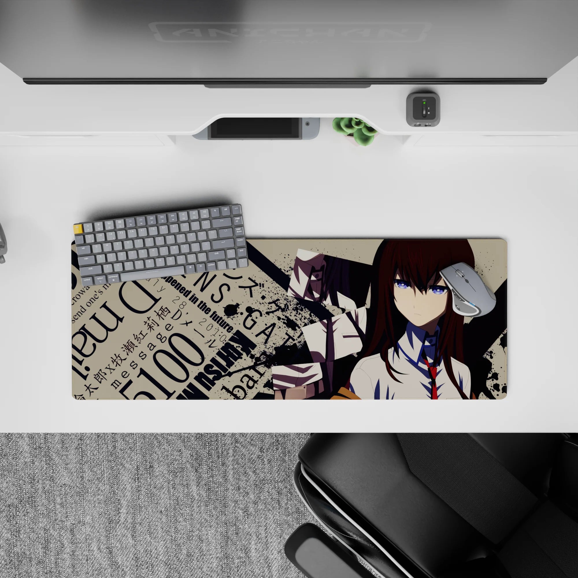 Auburn, beige, black and red anime mouse pad 32x12 inches with edgy, chaotic sci-fi vibe.
