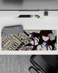 Auburn, beige, black and red anime mouse pad 32x12 inches with edgy, chaotic sci-fi vibe.