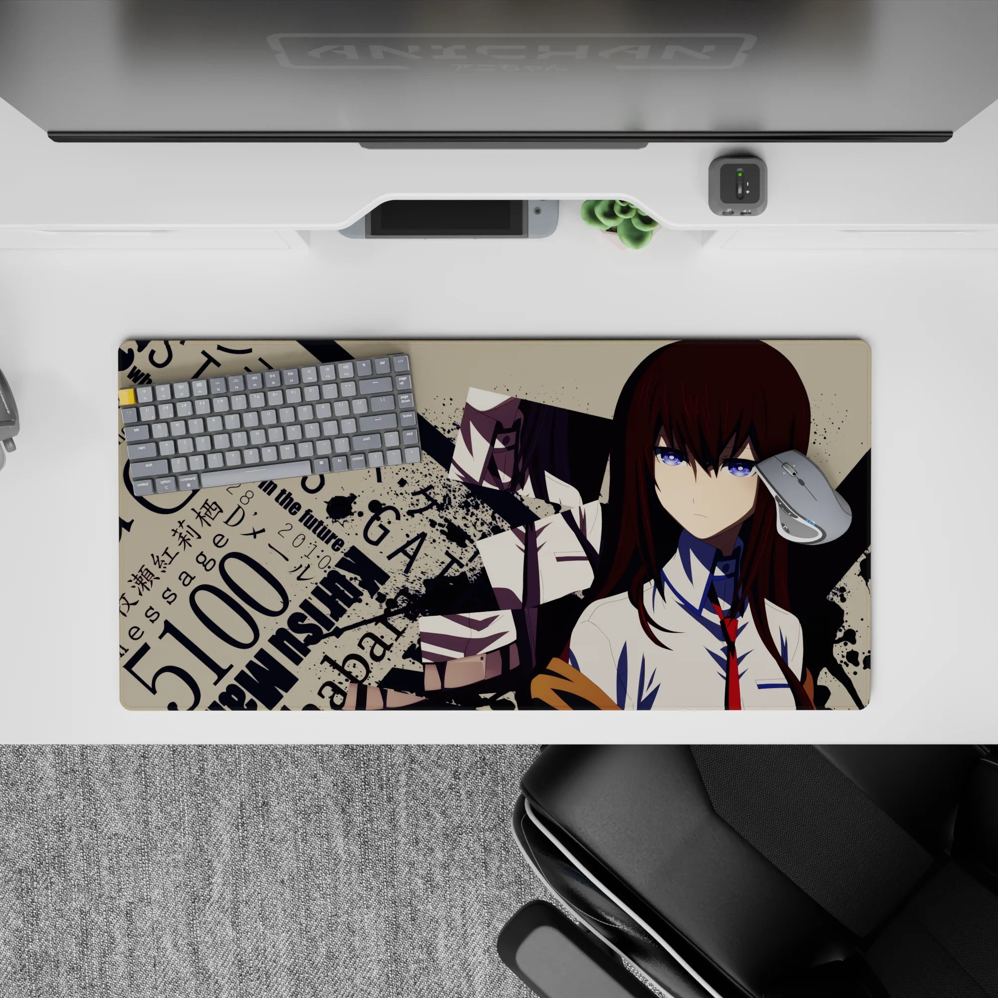 Auburn, blue, beige, and black chaotic sci‑fi vibe anime desk mat mouse pad 32x16 inches.