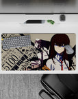Auburn, blue, beige, and black chaotic sci‑fi vibe anime desk mat mouse pad 32x16 inches.