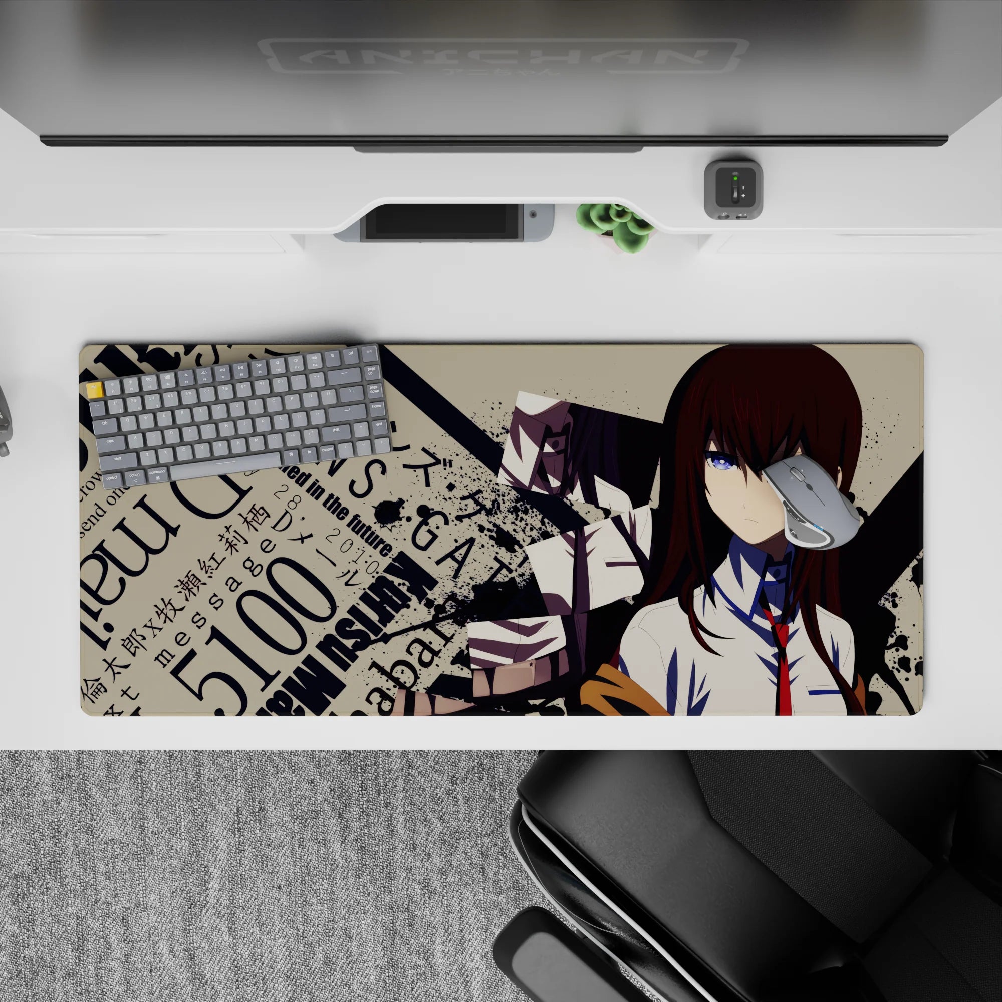 Auburn, white, red, and blue tones on a chaotic sci-fi desk pad 36x16 inches with bold shadow splatter.