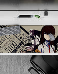 Auburn, white, red, and blue tones on a chaotic sci-fi desk pad 36x16 inches with bold shadow splatter.