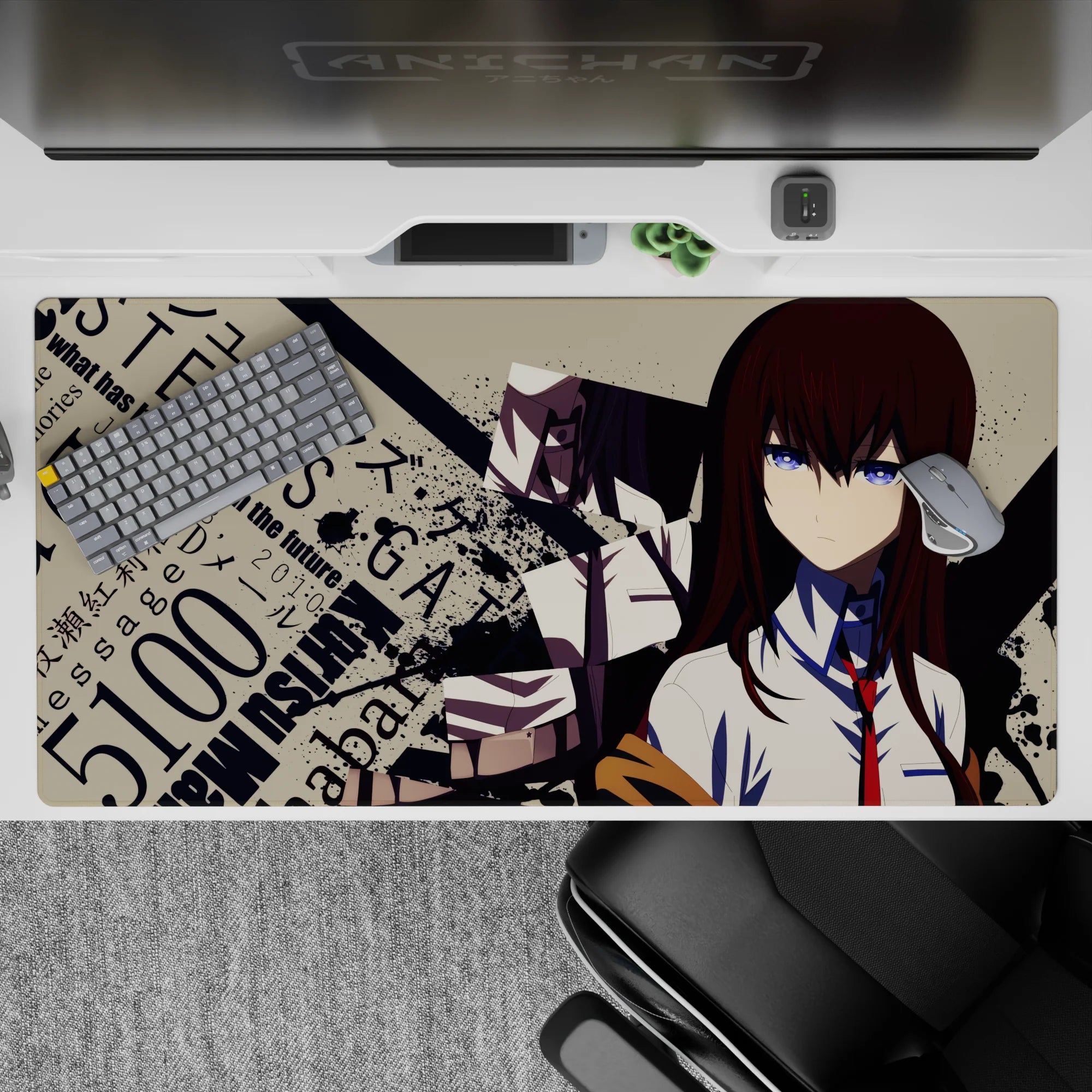 Chaotic sci‑fi mood desk pad 40x20 inches in beige, black splatter, auburn hair and cool blue eyes.