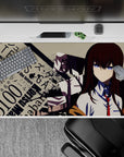 Chaotic sci‑fi mood desk pad 40x20 inches in beige, black splatter, auburn hair and cool blue eyes.