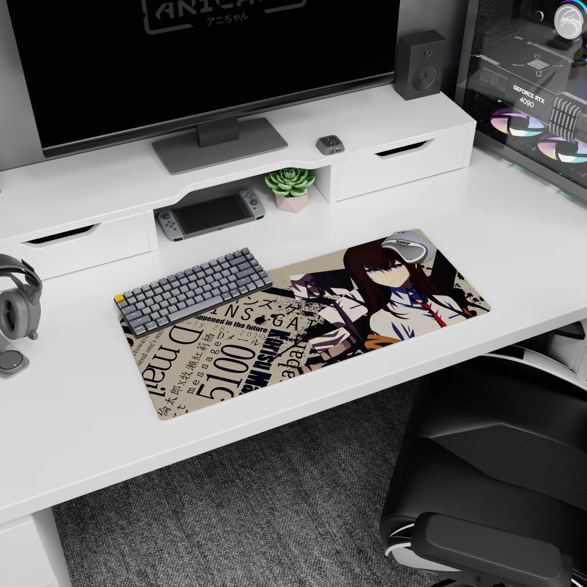 Anime lab girl with long auburn hair, white shirt and red tie staring forward on mouse pad 28x12 inches.