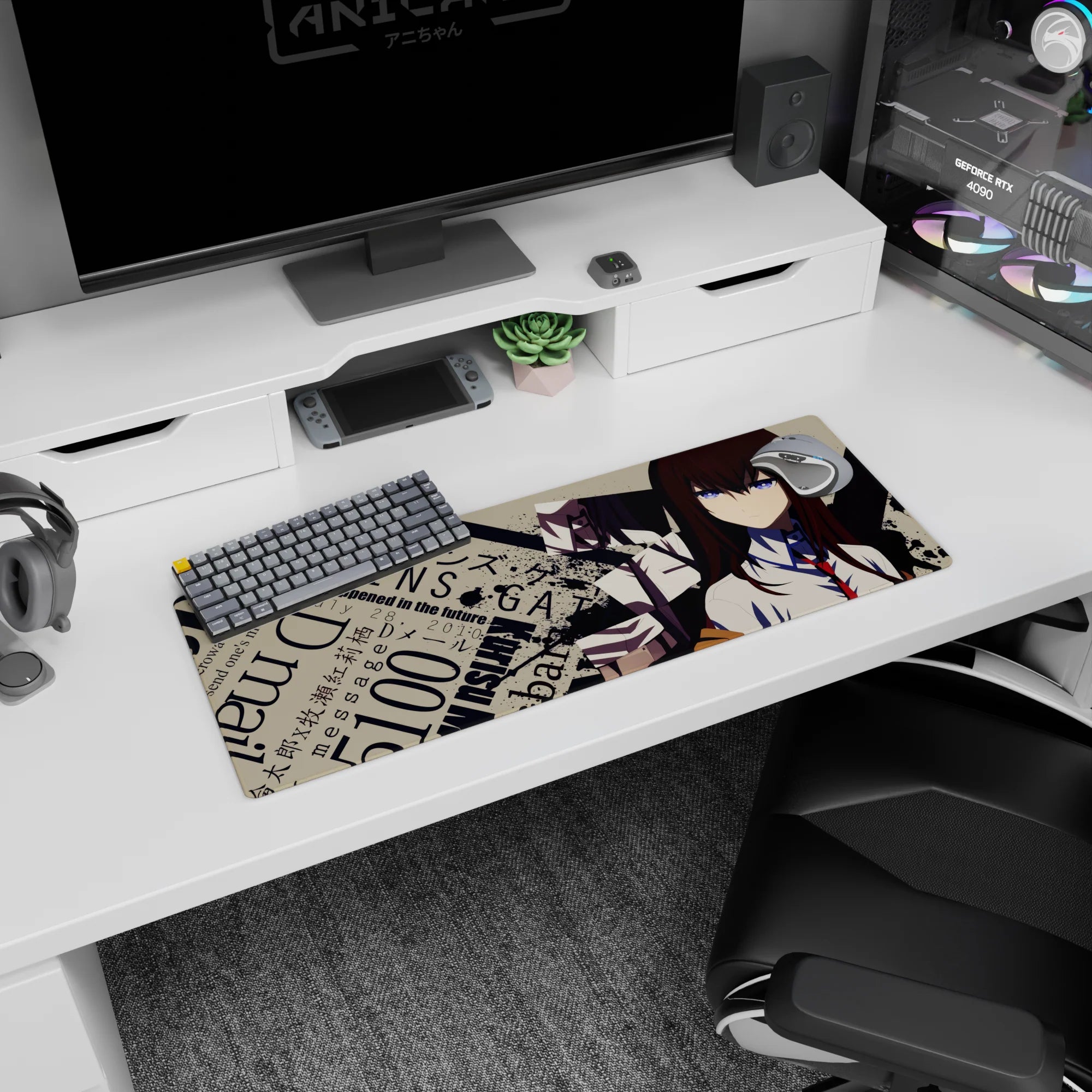 Blue-eyed anime girl with auburn hair in white shirt and red tie mouse pad 32x12 inches.