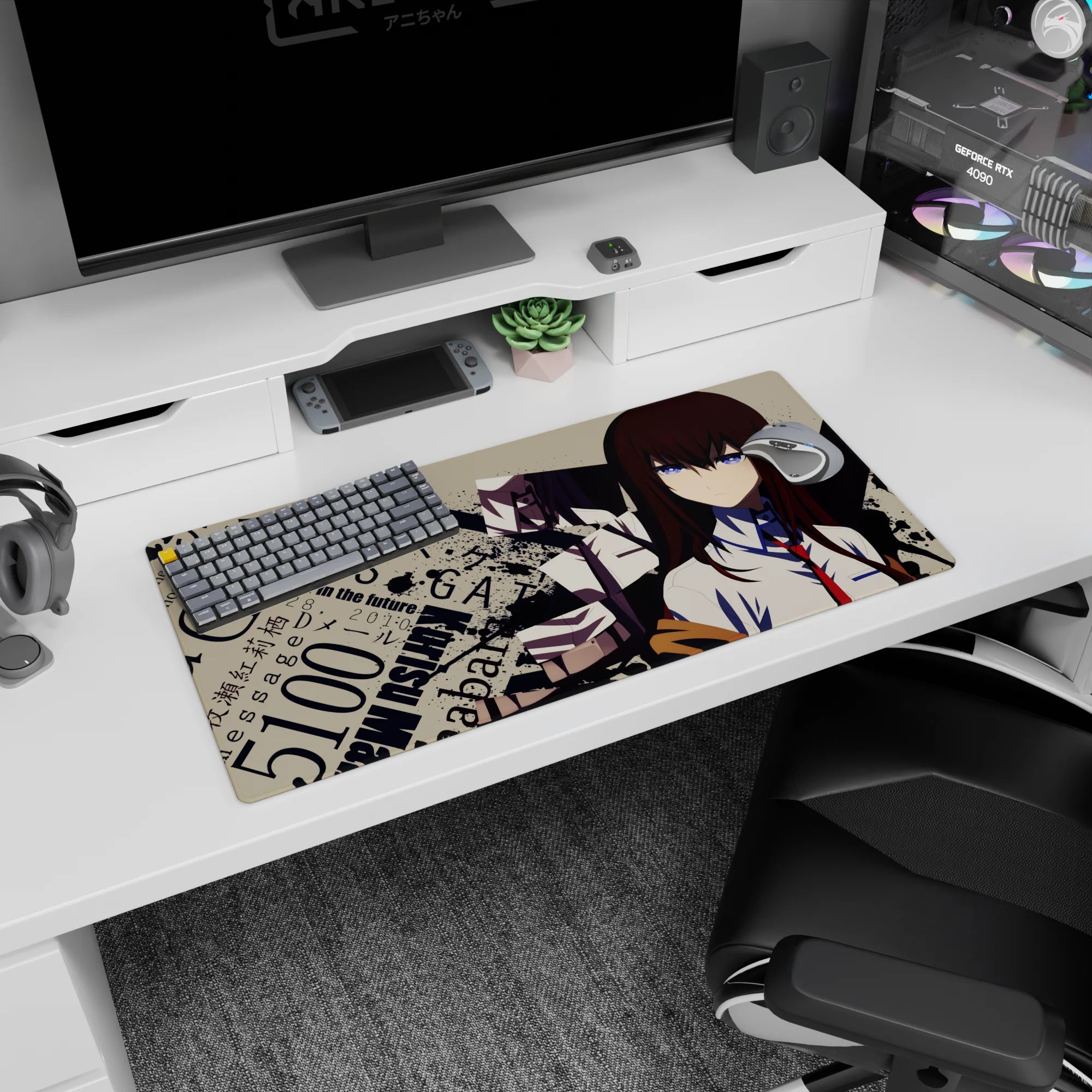 Anime girl with long auburn hair, blue eyes, white shirt and red tie on mouse pad 32x16 inches.