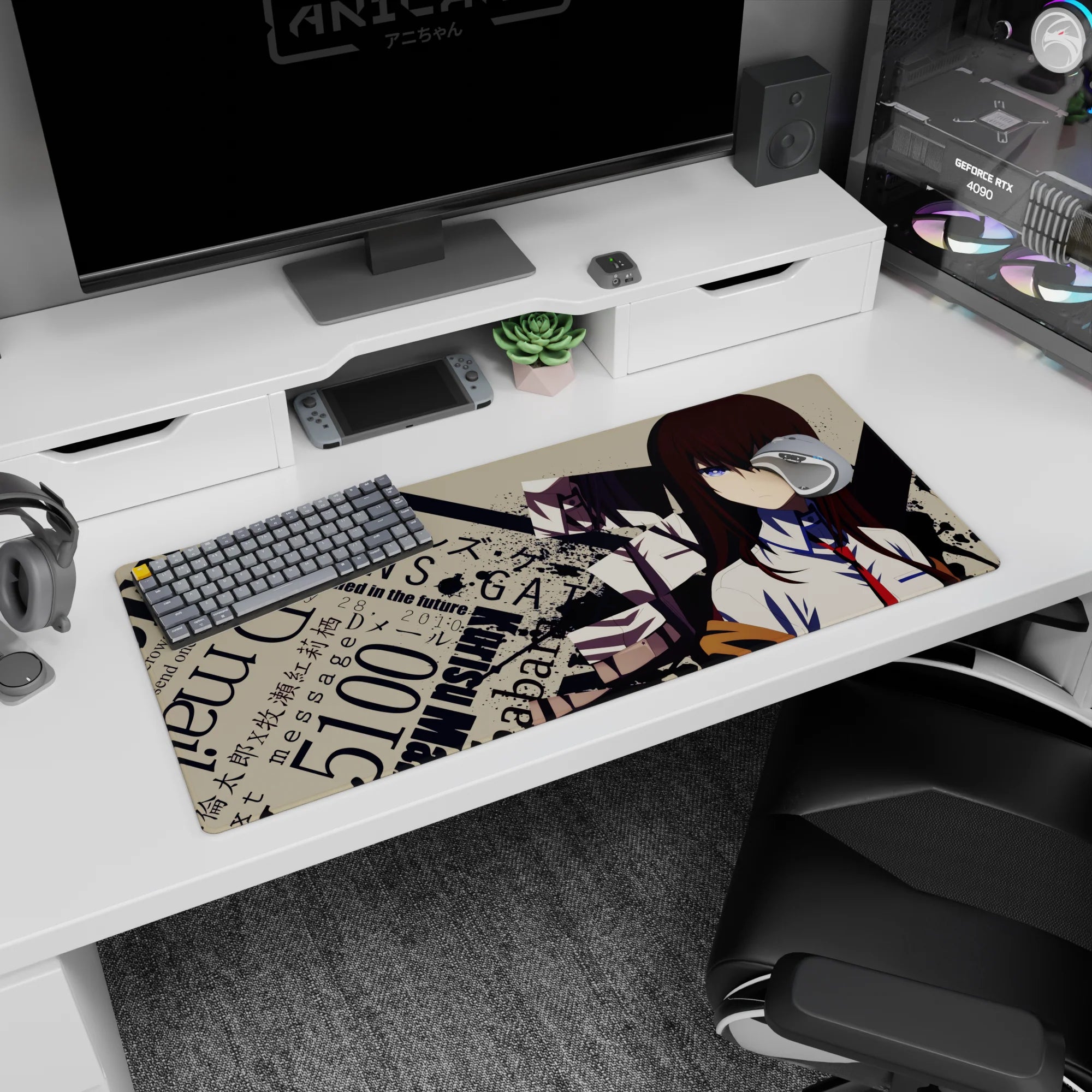 Cool blue-eyed anime lab girl with long auburn hair, white shirt and red tie on desk pad 36x16 inches.