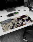 Cool blue-eyed anime lab girl with long auburn hair, white shirt and red tie on desk pad 36x16 inches.