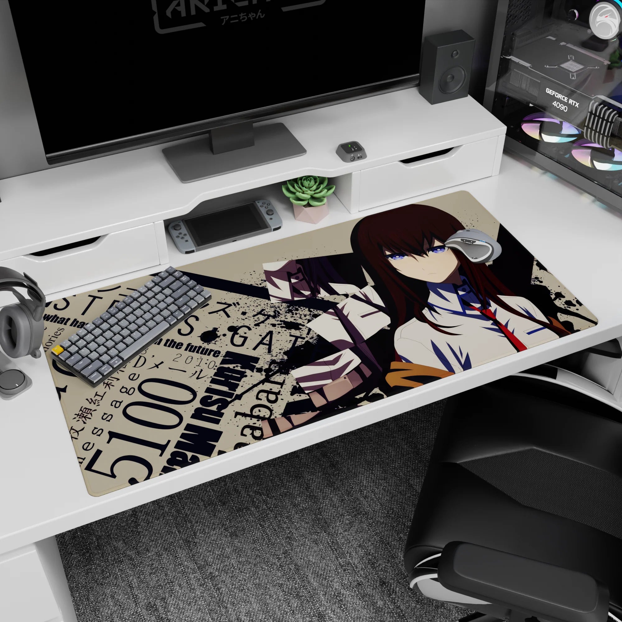 Anime girl in white shirt and red tie desk pad 40x20 inches, auburn hair, blue-eyed stare on beige.