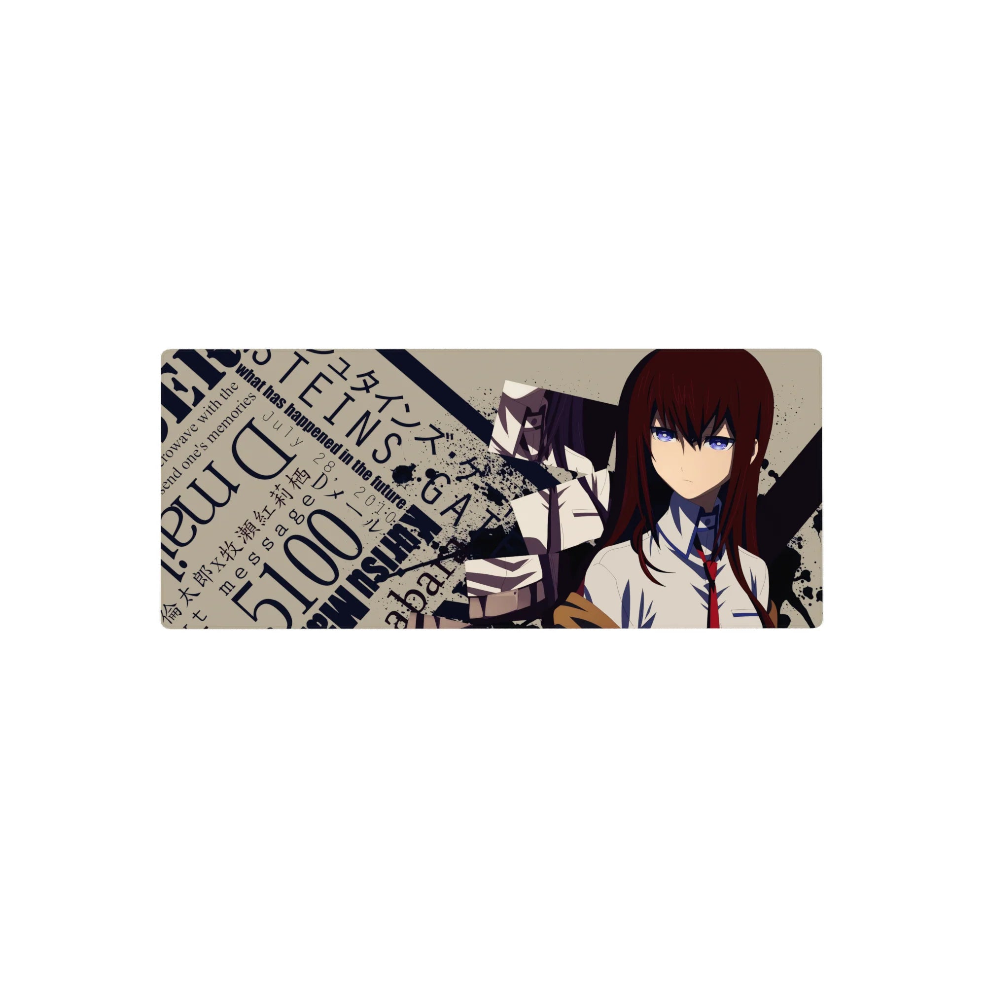 Steins;Gate anime girl mouse pad 28x12 inches with splatter poster design, tie, and bold typography.