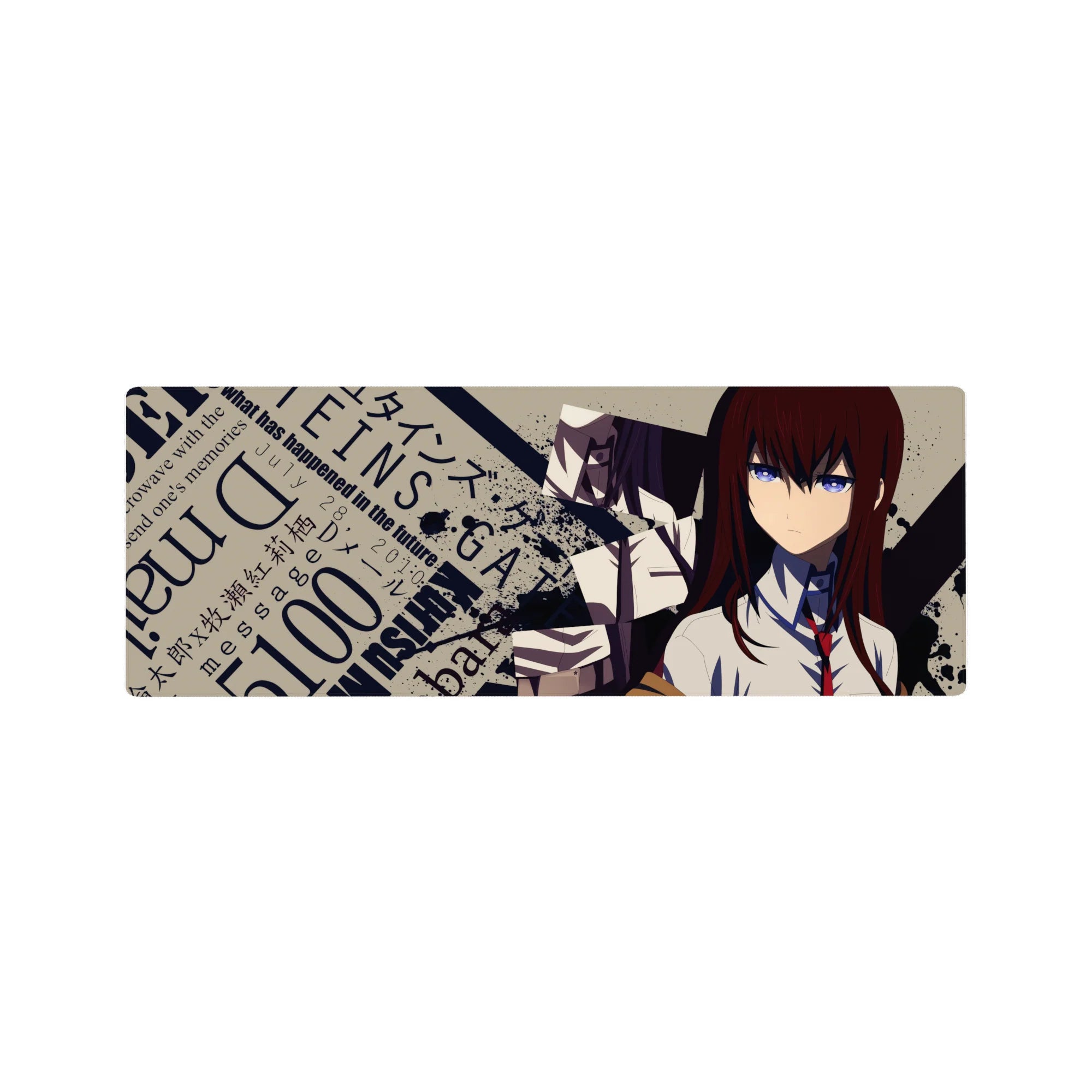 Steins;Gate anime girl mouse pad 32x12 inches with lab-style poster design, splatter and typography.