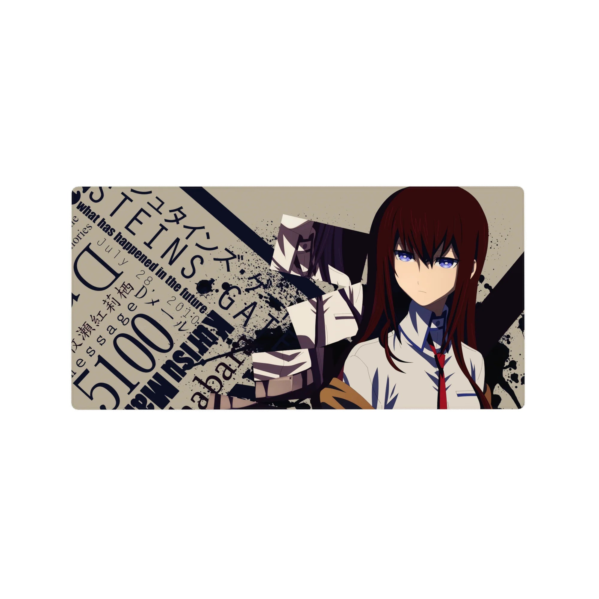 Steins;Gate anime girl mouse pad 32x16 inches with splatter art, angled shadows, and bold typography.