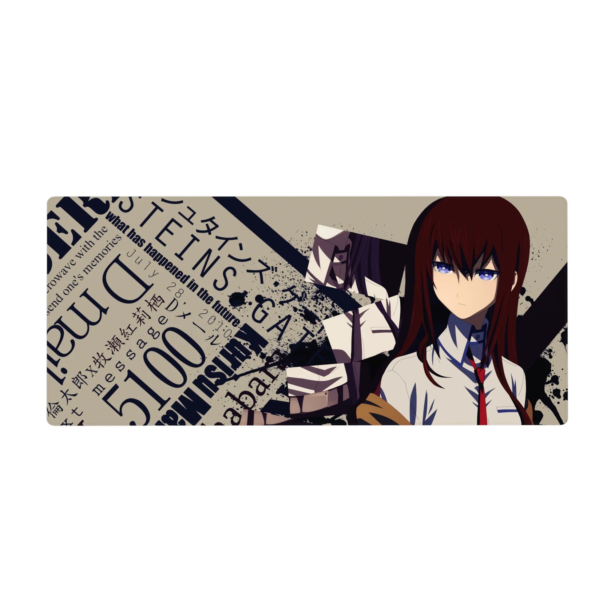 Steins;Gate anime girl desk pad 36x16 inches with splatter graphic, typography, and lab-style poster design.