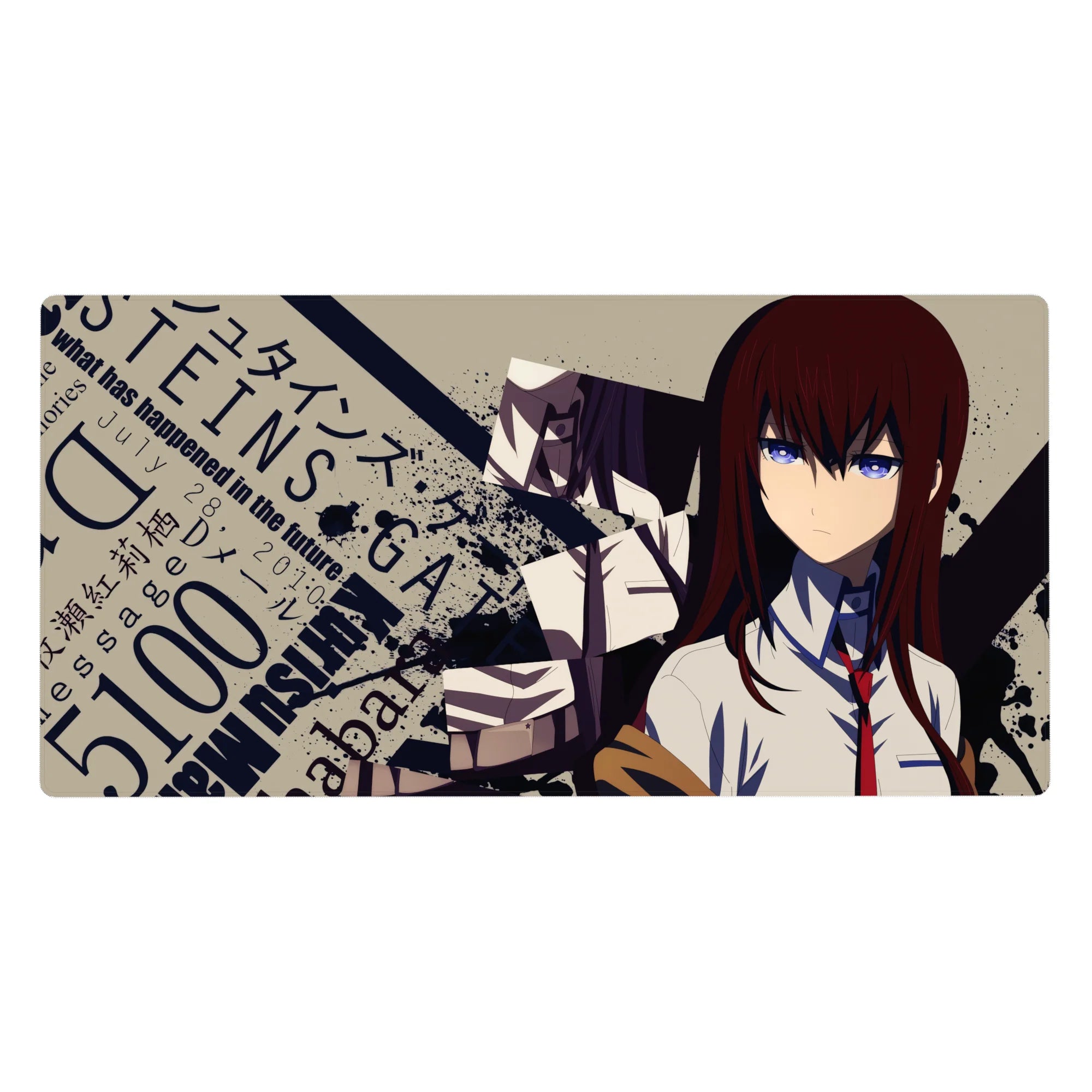 Steins;Gate anime girl desk pad 40x20 inches with lab-style poster art, splatter shadows, bold typography.