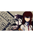 Steins;Gate anime girl desk pad 40x20 inches with lab-style poster art, splatter shadows, bold typography.