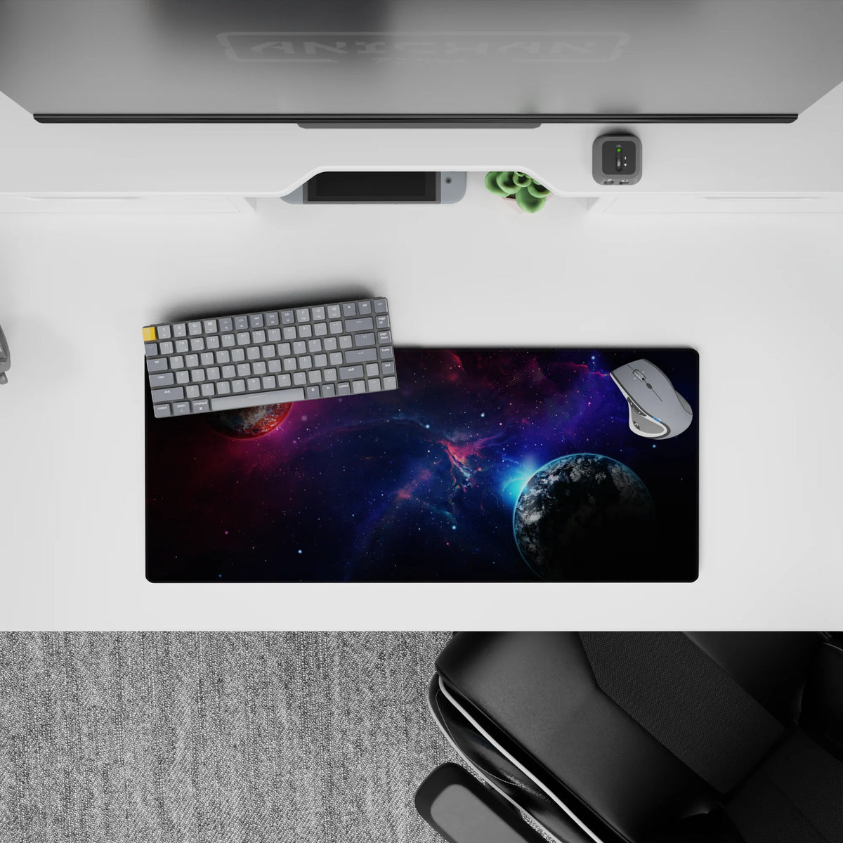 Indigo-violet gradient mouse pad 28x12 inches, calm dreamy sci-fi mood with inky blacks and stars.