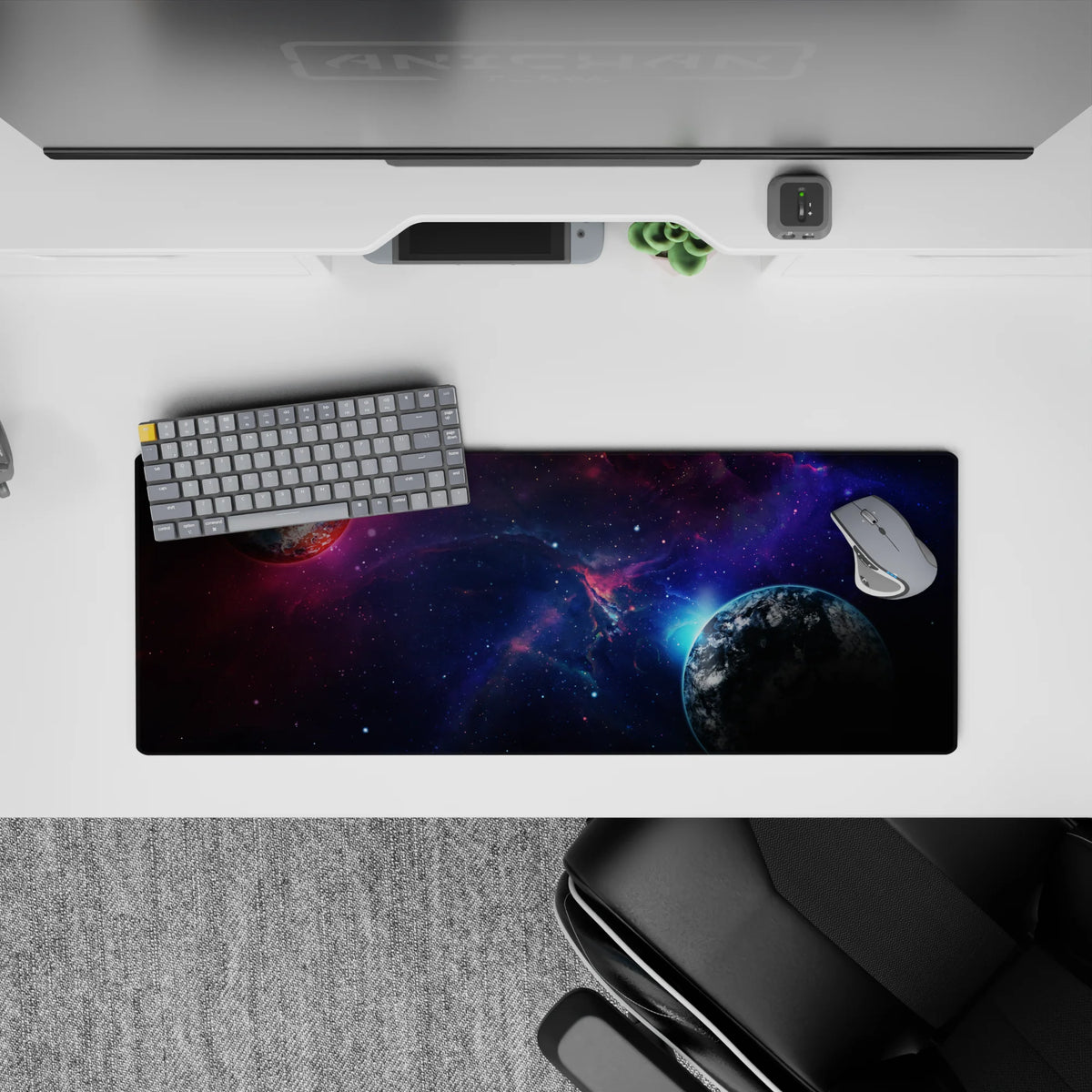 Indigo-violet swirl mouse pad with inky blacks and dreamy calm sci-fi mood, 32x12 inches.
