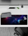 Indigo-violet swirl mouse pad with inky blacks and dreamy calm sci-fi mood, 32x12 inches.