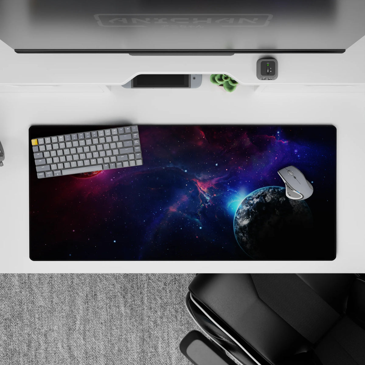 Indigo-violet cosmic gradient desk pad 36x16 inches with dreamy calm sci-fi night sky mood.