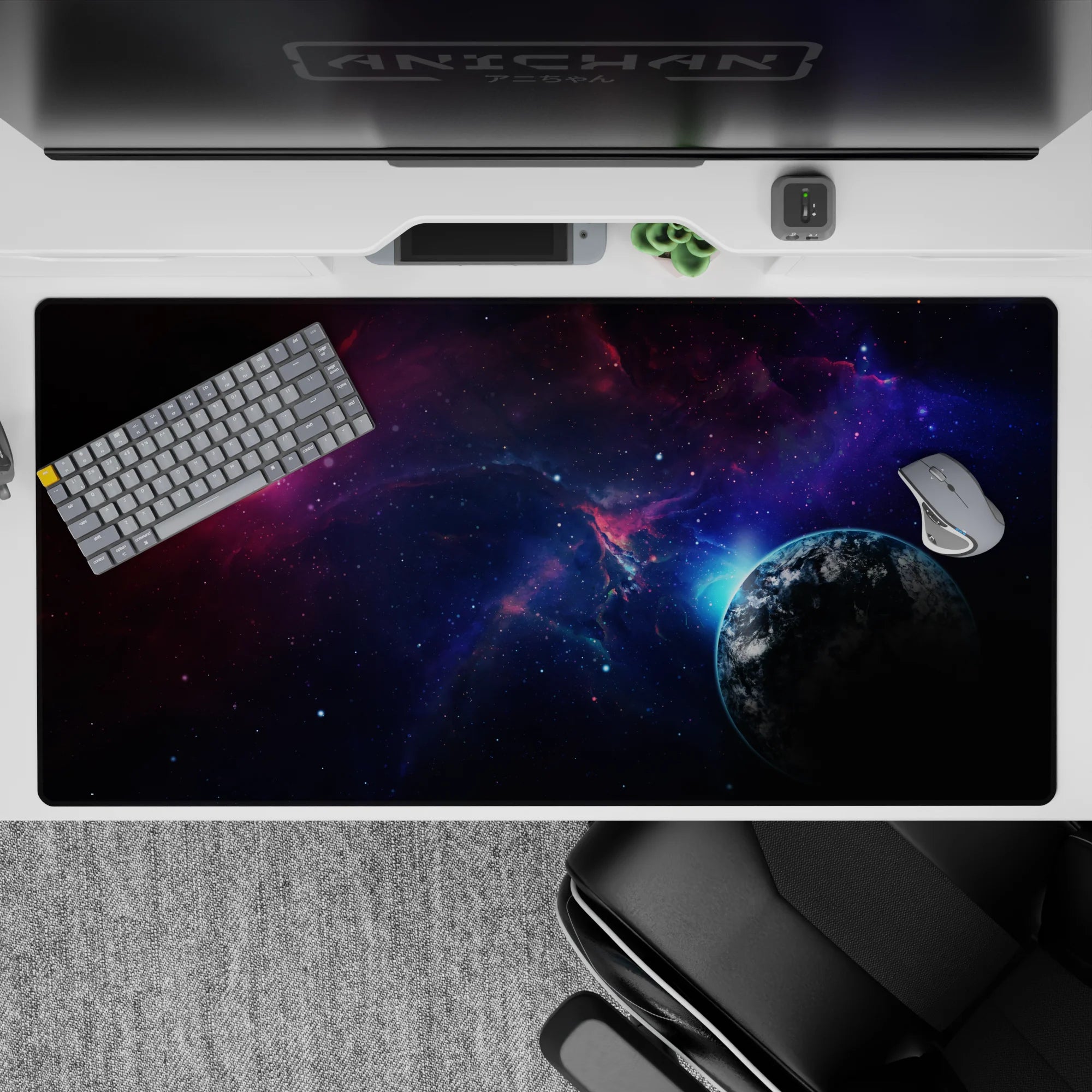 Indigo and violet gradient desk pad 40x20 inches with calm dreamy sci‑fi mood and inky black starscape.