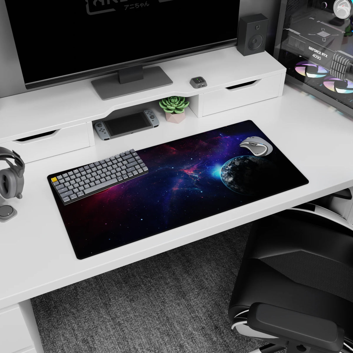 Space scene mouse pad 32x16 inches featuring a cool blue planet and a warm shadowy planet in orbit.